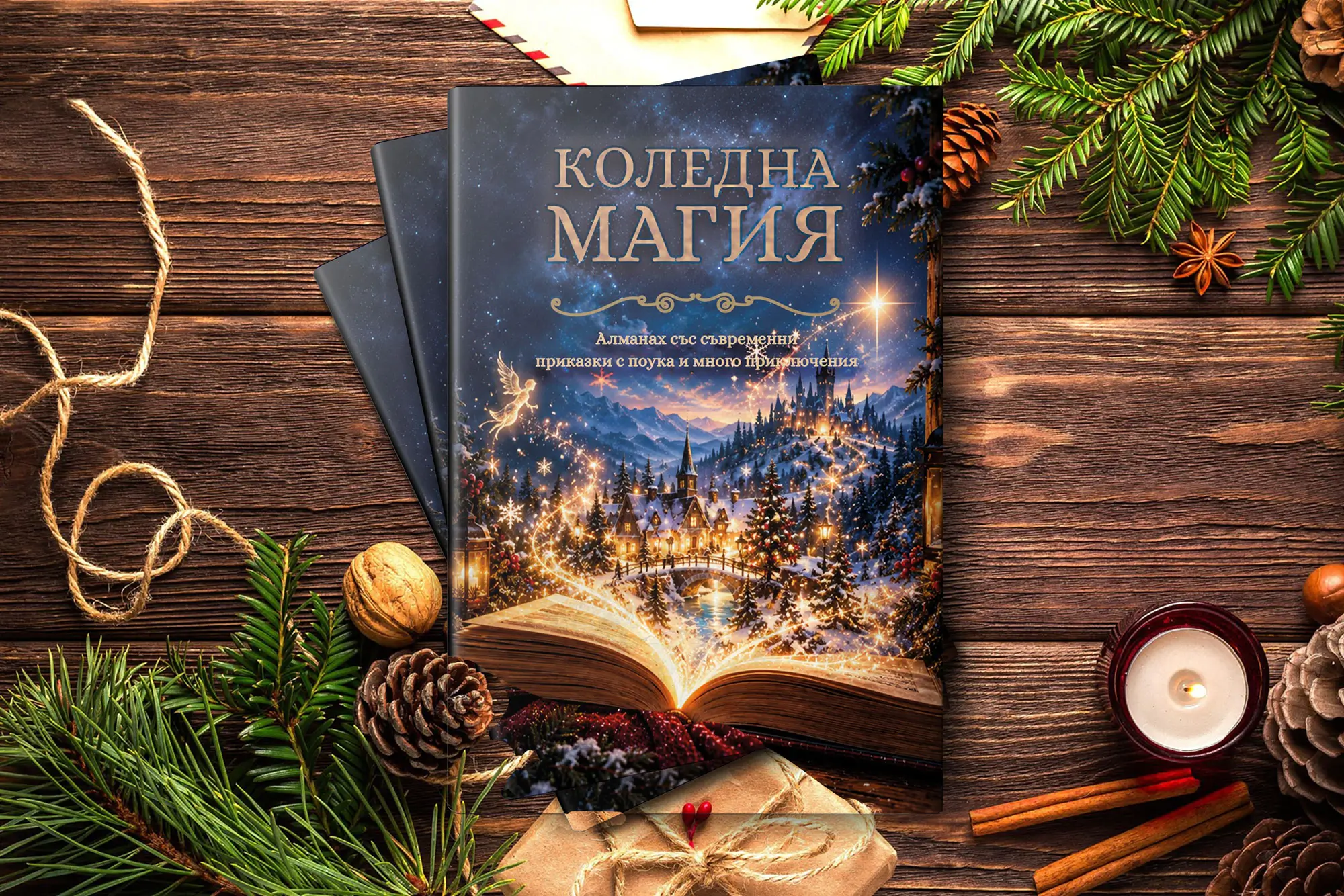 Корицата на алманаха „Коледна магия“ – коледни приказки за деца от 20 български автори