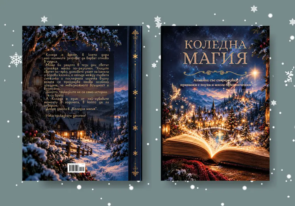 Корицата на алманаха „Коледна магия“ – коледни приказки за деца от 20 български автори